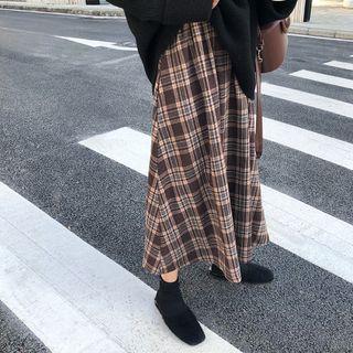 High-waist Plaid A-line Skirt Brown - One Size