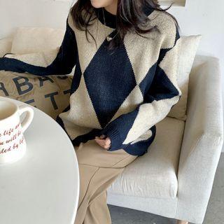 Round Neck Argyle Loose-fit Sweater Khaki - One Size