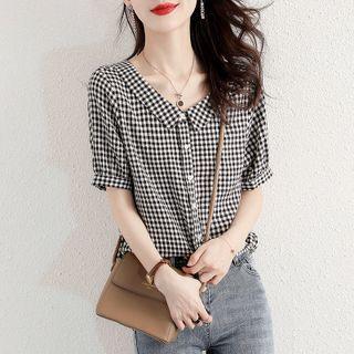 Short-sleeve V-neck Plaid Drawstring Shirt
