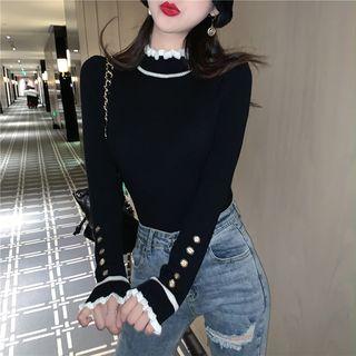 Contrast Trim Buttoned Cuff Long-sleeve Knit Top