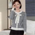 Beribboned Faux-pearl Houndstooth Knit Top Ivory - One Size