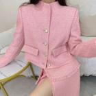 Set : Single-breasted Top + Plain Asymmetrical Skirt