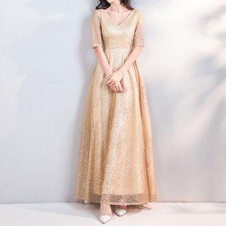 Elbow-sleeve V-neck Glitter A-line Evening Gown