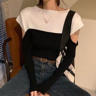 Long-sleeve Cutaway-shoulder Color-block Knit Top As Shown In Figure - One Size