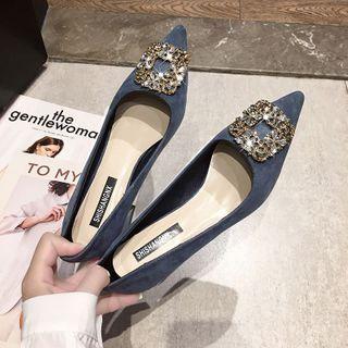 Pointy-toe Rhinestone Buckle Block Heel Pumps