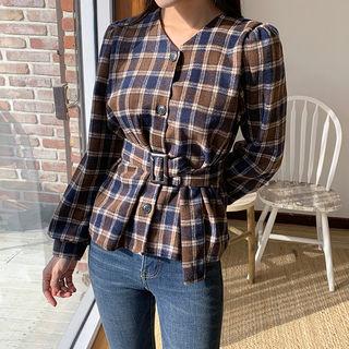 V-neck Plaid Blouse With Belt