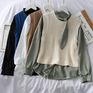 Set: Tie-neckline Dotted Shirt + Knit Vest