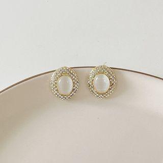 Oval Faux Cat Eye Stone Rhinestone Earring 1 Pair - Gold & White - One Size