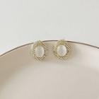 Oval Faux Cat Eye Stone Rhinestone Earring 1 Pair - Gold & White - One Size