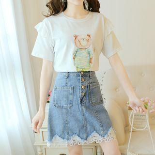 Bear Print Short-sleeve T-shirt / Mini A-line Denim Skirt / Set