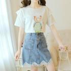 Bear Print Short-sleeve T-shirt / Mini A-line Denim Skirt / Set