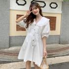 Collared Elbow-sleeve A-line Dress White - One Size