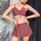 Set: Drawstring Bikini Top + Swim Skirt + Dotted Cover-up