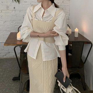 Plain Blouse / Knit Camisole Top / Midi Pencil Skirt