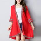 3/4-sleeve Embroidered Open-front Coat