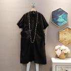 Short-sleeve Plain Elastic-waist Shirtdress Black - One Size