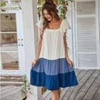 Short Sleeve Square-neck Color-block A-line Midi Dress