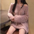 Glitter V-neck Furry Sweater Pink - One Size