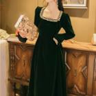 Long-sleeve Square-neck Lace Trim Midi A-line Velvet Dress