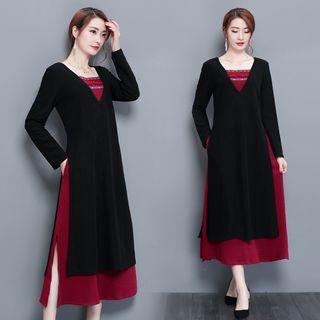 Mock Two Piece Embroidered Long Sleeve Midi Dress