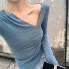 Plain V-neck Long-sleeve Slim-fit Top As Figure - One Size