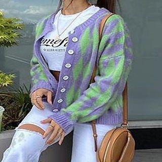 Contrast Arygle Crop Cardigan