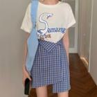 Short-sleeve Graphic Print T-shirt / Asymmetrical Check Mini Pencil Skirt