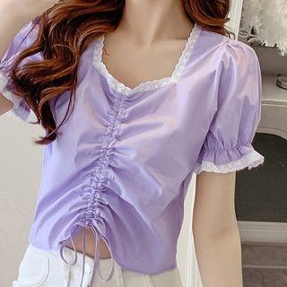 Lace Trim Puff-sleeve Drawstring Cropped Blouse