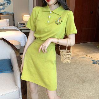 Set: Embroidered Polo Shirt + Band-waist Skirt Green - One Size