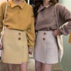 Set: Collared Pullover + High Waist A-line Skirt