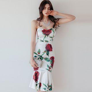 Strapless Floral Print Midi Mermaid Cocktail Dress