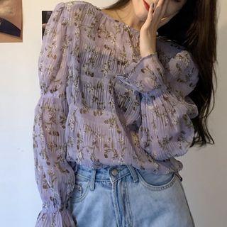 Long-sleeve Floral Print Chiffon Top Purple - One Size