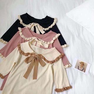 Short-sleeve Bow Accent Knit Top