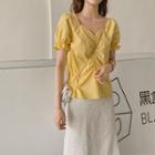 Short-sleeve Shirred Blouse / Flower Embroidered Midi A-line Skirt