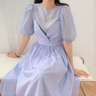 Set: Puff-sleeve Plain Blouse + A-line Midi Pinafore Dress