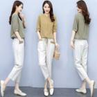 Set: Elbow-sleeve Button-up Top + Straight-fit Pants