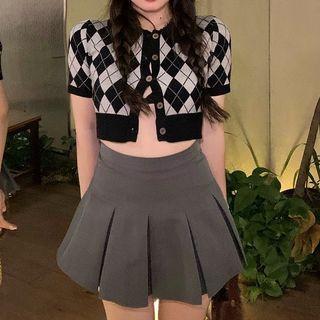 Short-sleeve Argyle Knit Crop Top / Mini Pleated Skirt