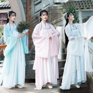 Elbow-sleeve Flower Embroidered Hanfu Blouse / Strapless Maxi A-line Dress / Light Long Jacket / Set