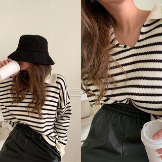 Drop-shoulder Open-placket Striped Knit Top Ivory - One Size