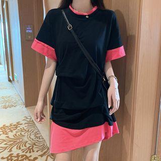 Mock Two Piece Shirred Short-sleeve Dress