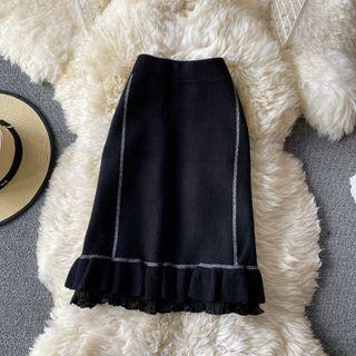 Ruffled Stitch Knit Skirt Black - One Size
