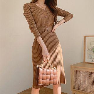 Long-sleeve Henley Midi Sheath Knit Dress