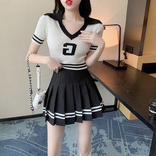 Short-sleeve V-neck Lettering Knit Top / Pleated Mini A-line Skirt / Set