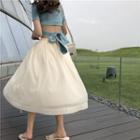 Short-sleeve Tie-back T-shirt / A-line Midi Mesh Skirt