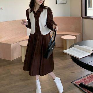 Long-sleeve Collared Midi A-line Dress / Contrast Trim Vest