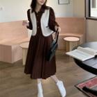 Long-sleeve Collared Midi A-line Dress / Contrast Trim Vest