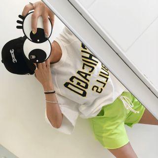 Set: Round-neck Lettering Top + Drawstring-waist Shorts