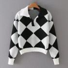 Argyle Print Polo-neck Sweater Argyle - Black & White - S