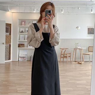 Plain Round-neck Top/ Square-neck Slited Pinafore Dress
