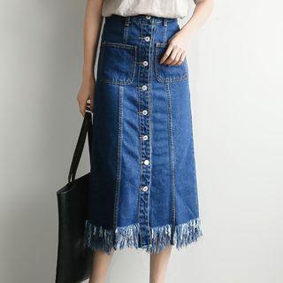 Frayed Buttoned Midi Denim Skirt